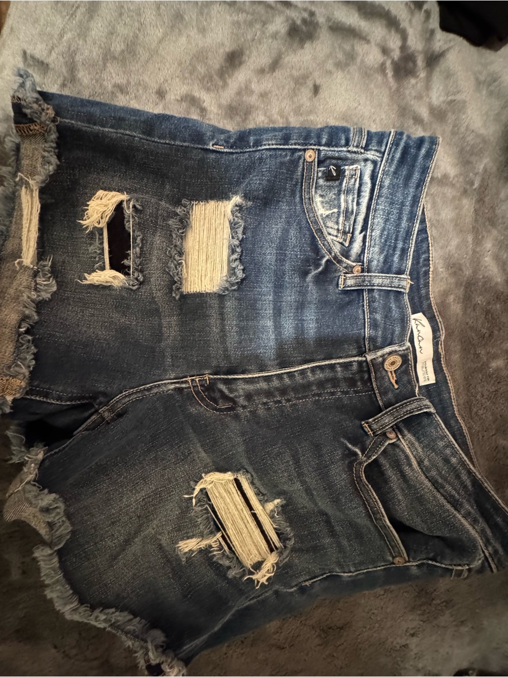KanCan Distressed Dark Blue Denim Cutoff Shorts with Frayed Hem
